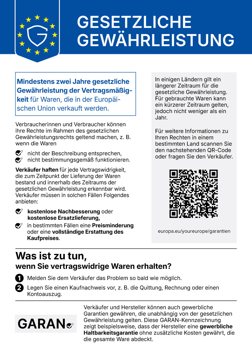 Gesetzliche Gewährleistung: mindestens zwei Jahre Rechte bei Vertragswidrigkeit. Verkäufer haften für Mängel, die bei Lieferung bestanden. Vorrangig kostenlose Nachbesserung oder Ersatzlieferung; unter den gesetzlichen Voraussetzungen Preisminderung oder Erstattung. Melden Sie das Problem beim Verkäufer und legen Sie einen Kaufnachweis vor. Weitere Informationen über den Link.